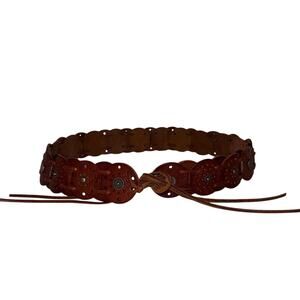 Fossil Brown Leather Scalloped Western Belt with Stud Accents